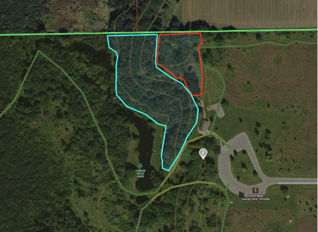 Restoration Areas. Teal and red polygons indicate areas where invasive species were removed and native forbs and sedges were planted.